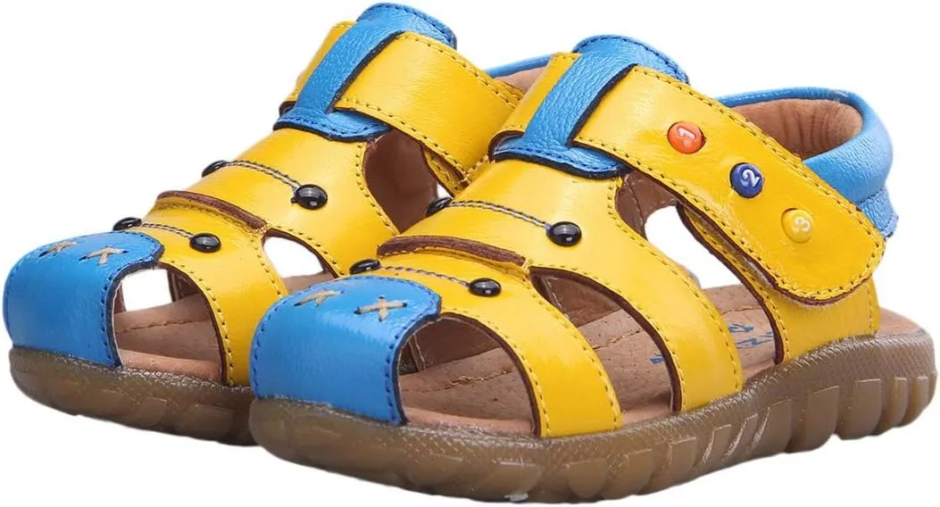 Happy Cherry Unisex Baby Toddler 100% Leather Anti-Slip Closed Toe Oxford Sole Outdoor Sandal Shoes Brown