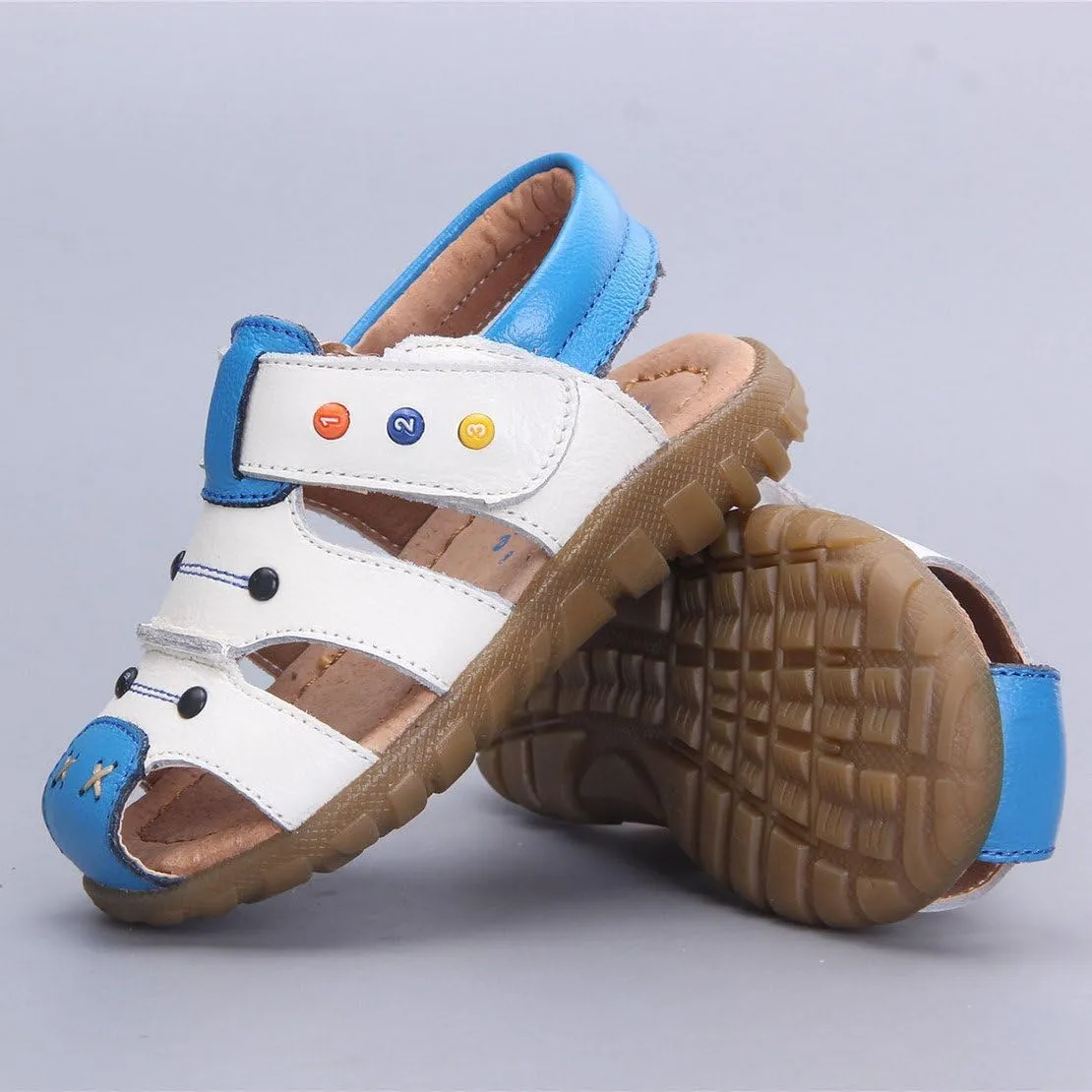 Happy Cherry Unisex Baby Toddler 100% Leather Anti-Slip Closed Toe Oxford Sole Outdoor Sandal Shoes Brown