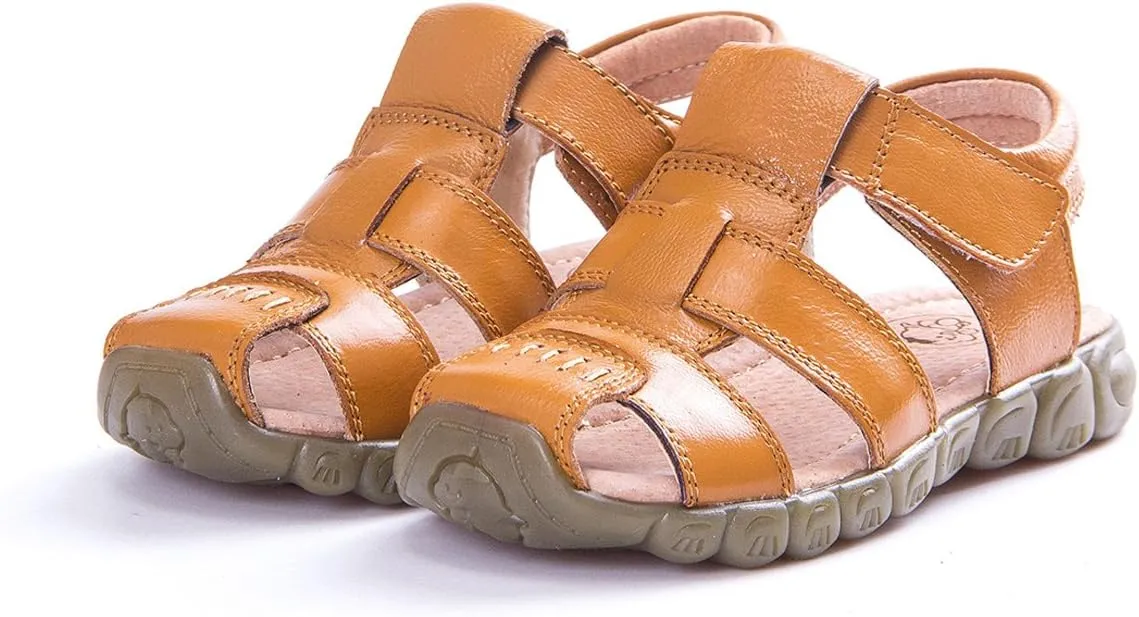 Happy Cherry Unisex Baby Toddler 100% Leather Anti-Slip Closed Toe Oxford Sole Outdoor Sandal Shoes Brown
