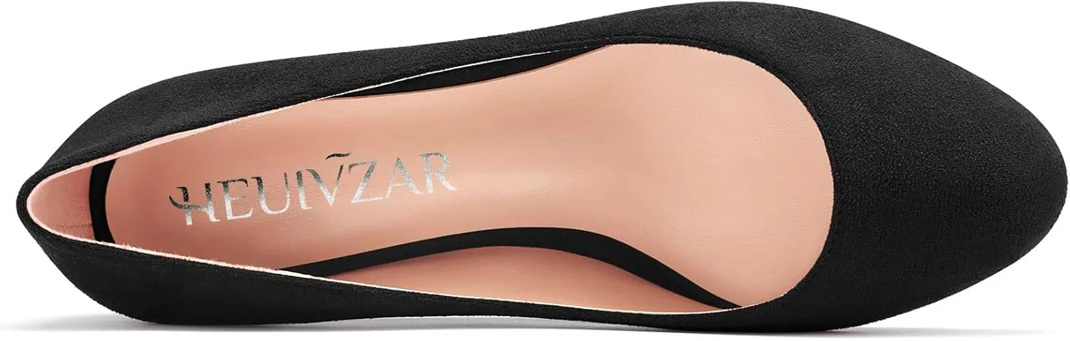 HEUIVZAR Pumps for Womens Closed Round Toe Low Kitten Heel Slip On Suede Casual Comfort Dress Shoes 1.5 Inch