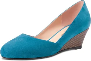 HEUIVZAR Slip On Wedge Pumps for Womens Closed Round Toe Mid Chunky Block Heel Suede Casual Comfort Dress Shoes 2 Inch