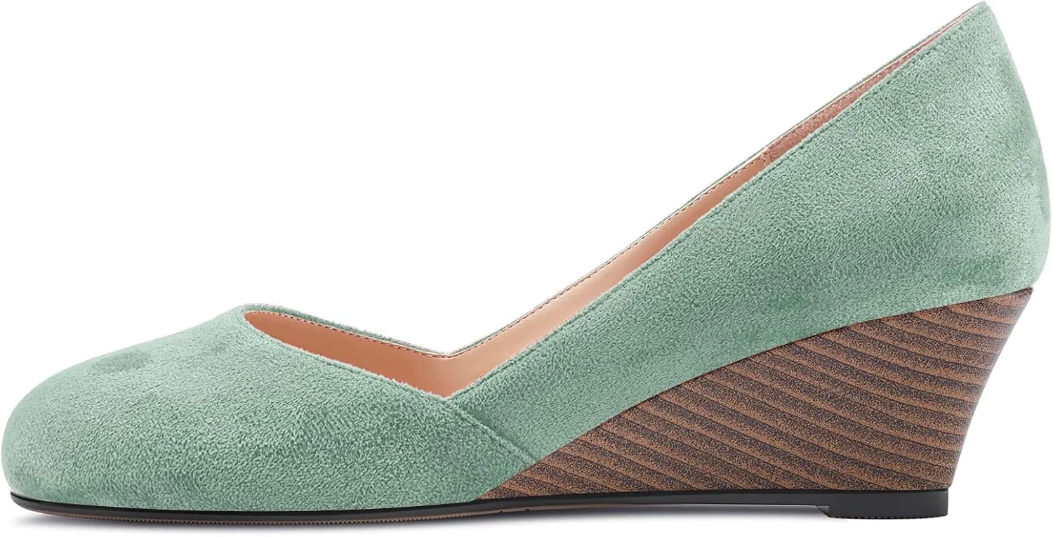 HEUIVZAR Slip On Wedge Pumps for Womens Closed Round Toe Mid Chunky Block Heel Suede Casual Comfort Dress Shoes 2 Inch