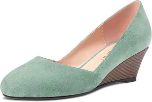 HEUIVZAR Slip On Wedge Pumps for Womens Closed Round Toe Mid Chunky Block Heel Suede Casual Comfort Dress Shoes 2 Inch