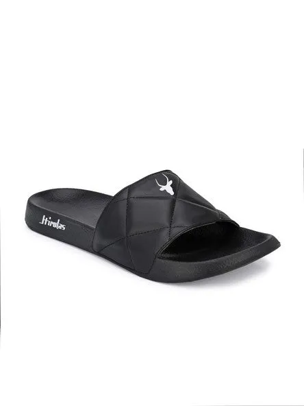 Hirolas® Men's Black Quilted Slider Flip-Flops (HROMSL04BLK)