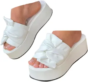 Hopomart Women's Slip-on Bow Flat Summer Beach Platform Ankle Strap Open Toe Wedge Sandals Braided Outdoor Casual Beach Shoes