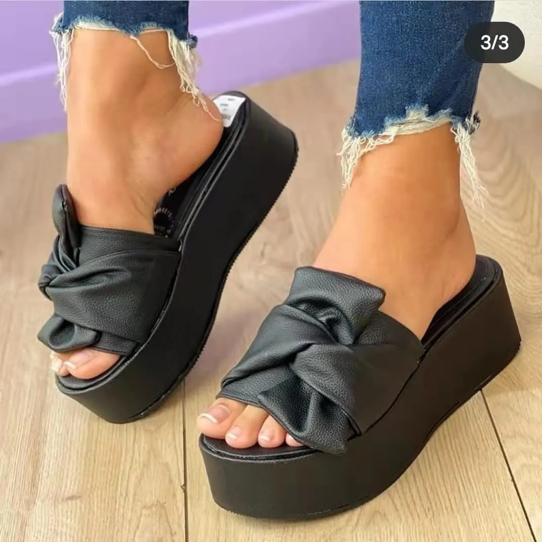 Hopomart Women's Slip-on Bow Flat Summer Beach Platform Ankle Strap Open Toe Wedge Sandals Braided Outdoor Casual Beach Shoes