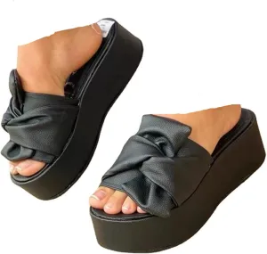 Hopomart Women's Slip-on Bow Flat Summer Beach Platform Ankle Strap Open Toe Wedge Sandals Braided Outdoor Casual Beach Shoes