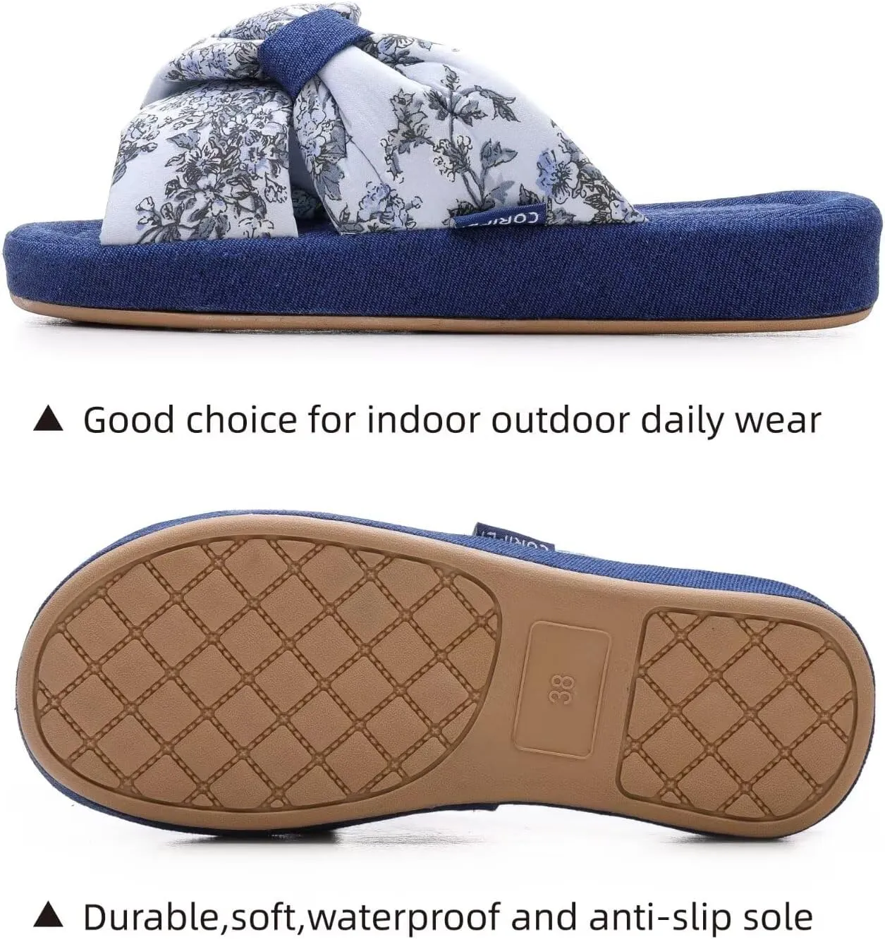 House Slippers for Women with Bow Comfy Indoor Open Toe Slides with Low Arch Support Rubber Sole for Summer