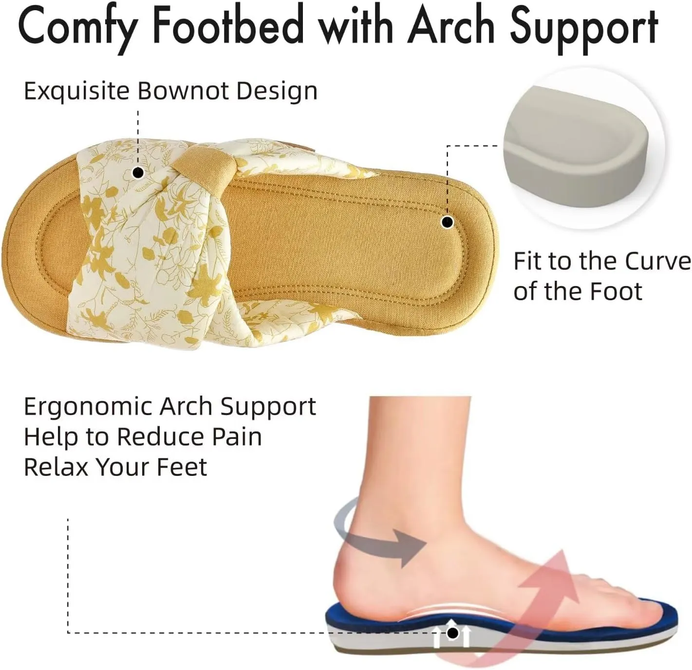 House Slippers for Women with Bow Comfy Indoor Open Toe Slides with Low Arch Support Rubber Sole for Summer