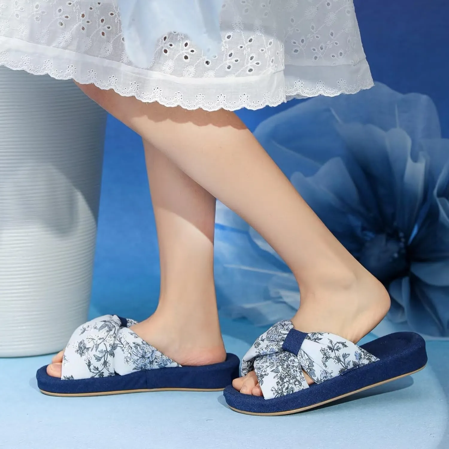 House Slippers for Women with Bow Comfy Indoor Open Toe Slides with Low Arch Support Rubber Sole for Summer