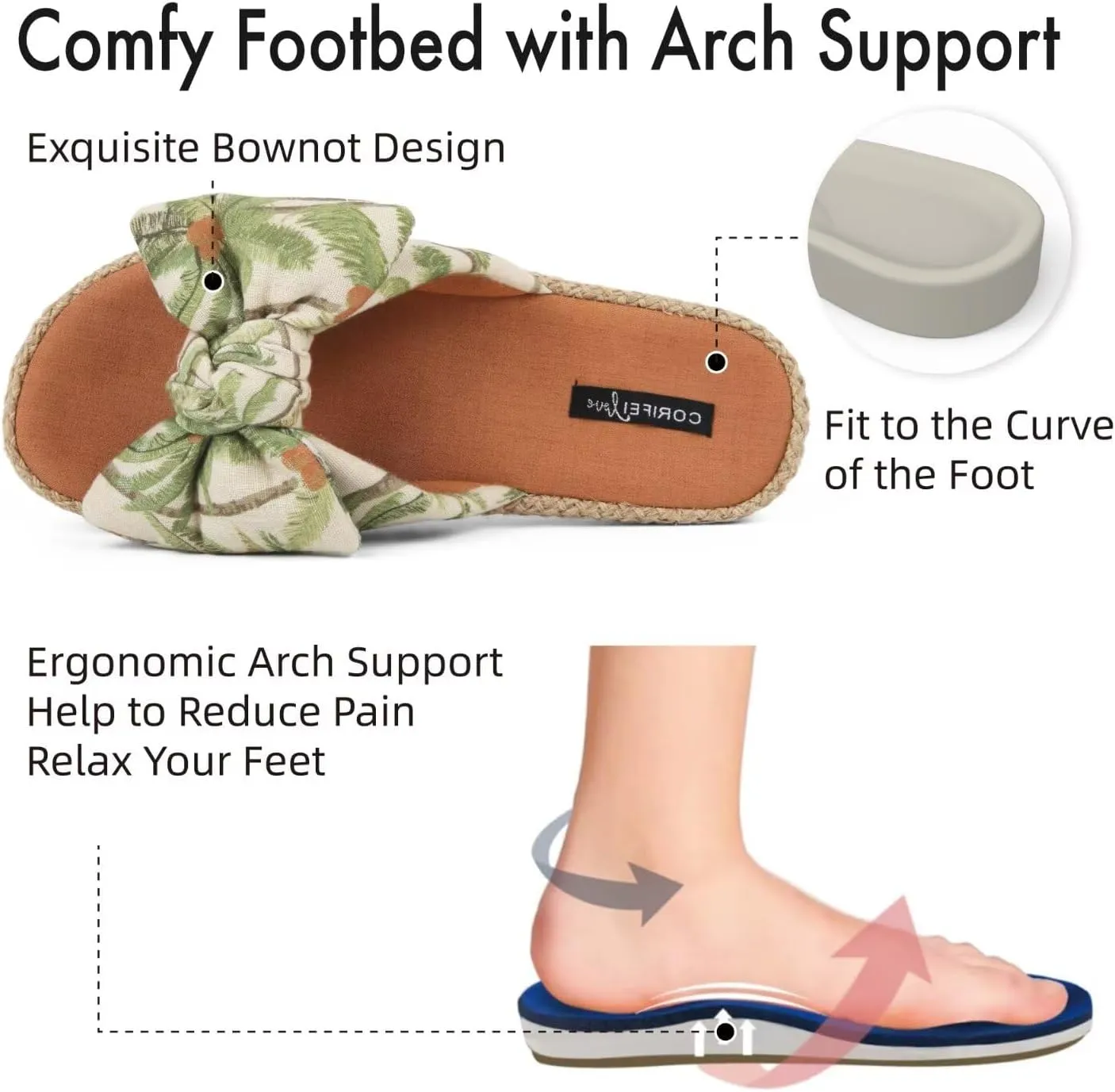 House Slippers for Women with Bow Comfy Indoor Open Toe Slides with Low Arch Support Rubber Sole for Summer