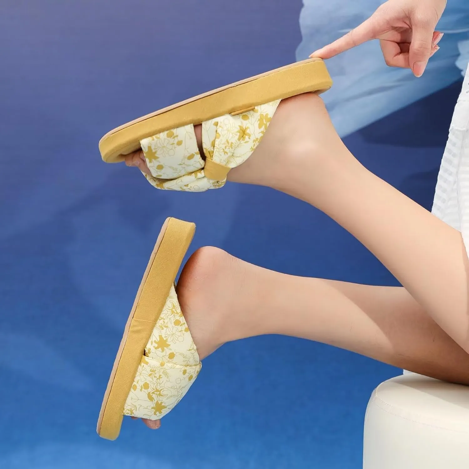 House Slippers for Women with Bow Comfy Indoor Open Toe Slides with Low Arch Support Rubber Sole for Summer