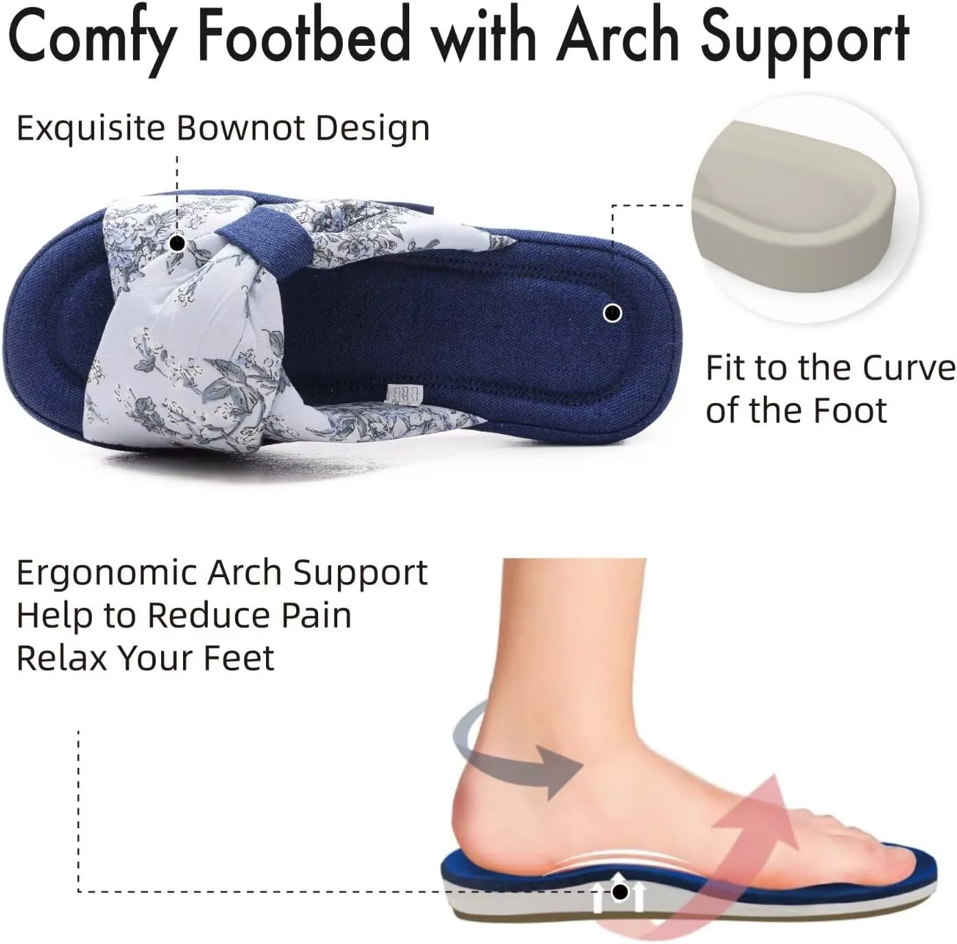 House Slippers for Women with Bow Comfy Indoor Open Toe Slides with Low Arch Support Rubber Sole for Summer