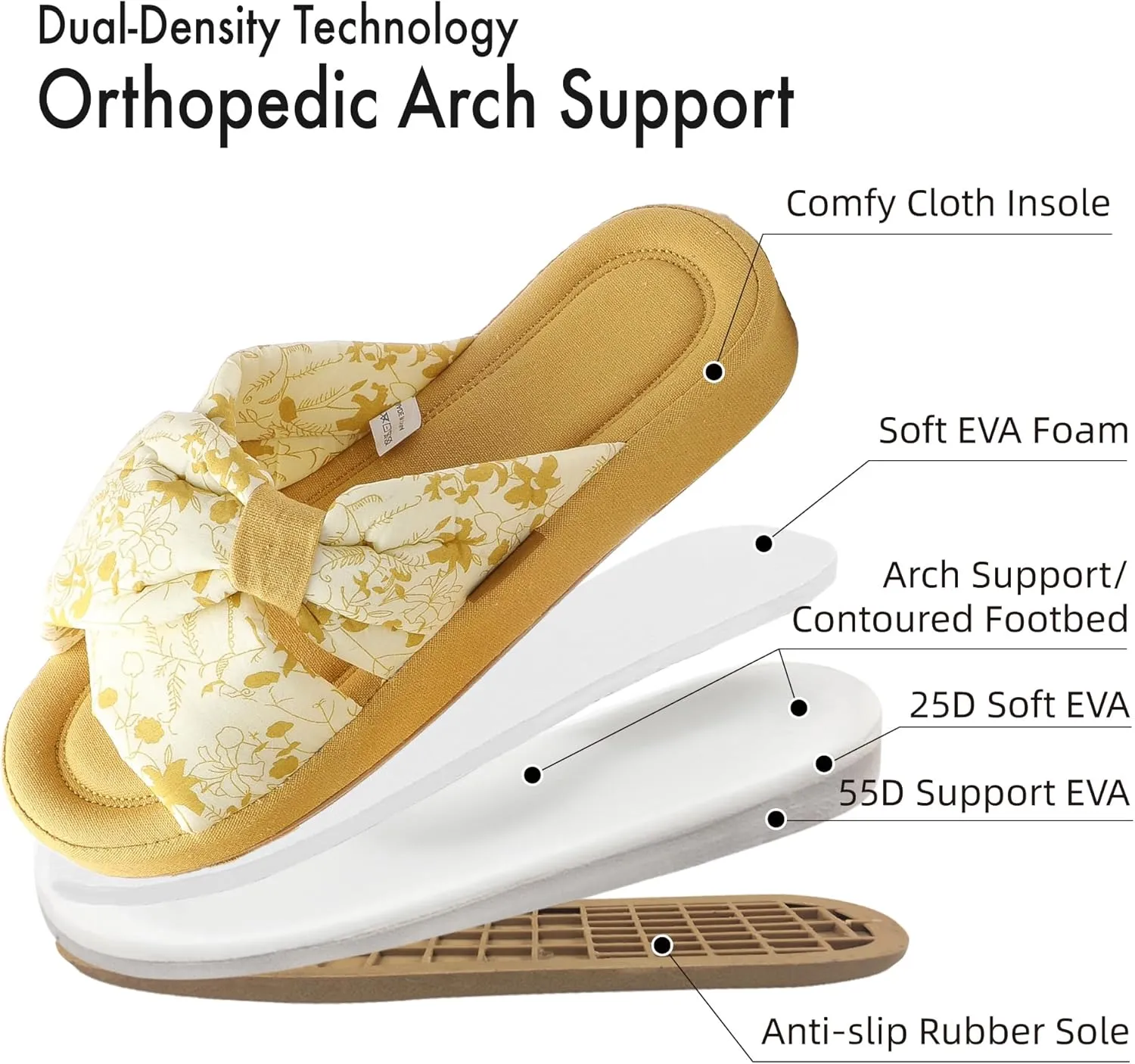 House Slippers for Women with Bow Comfy Indoor Open Toe Slides with Low Arch Support Rubber Sole for Summer