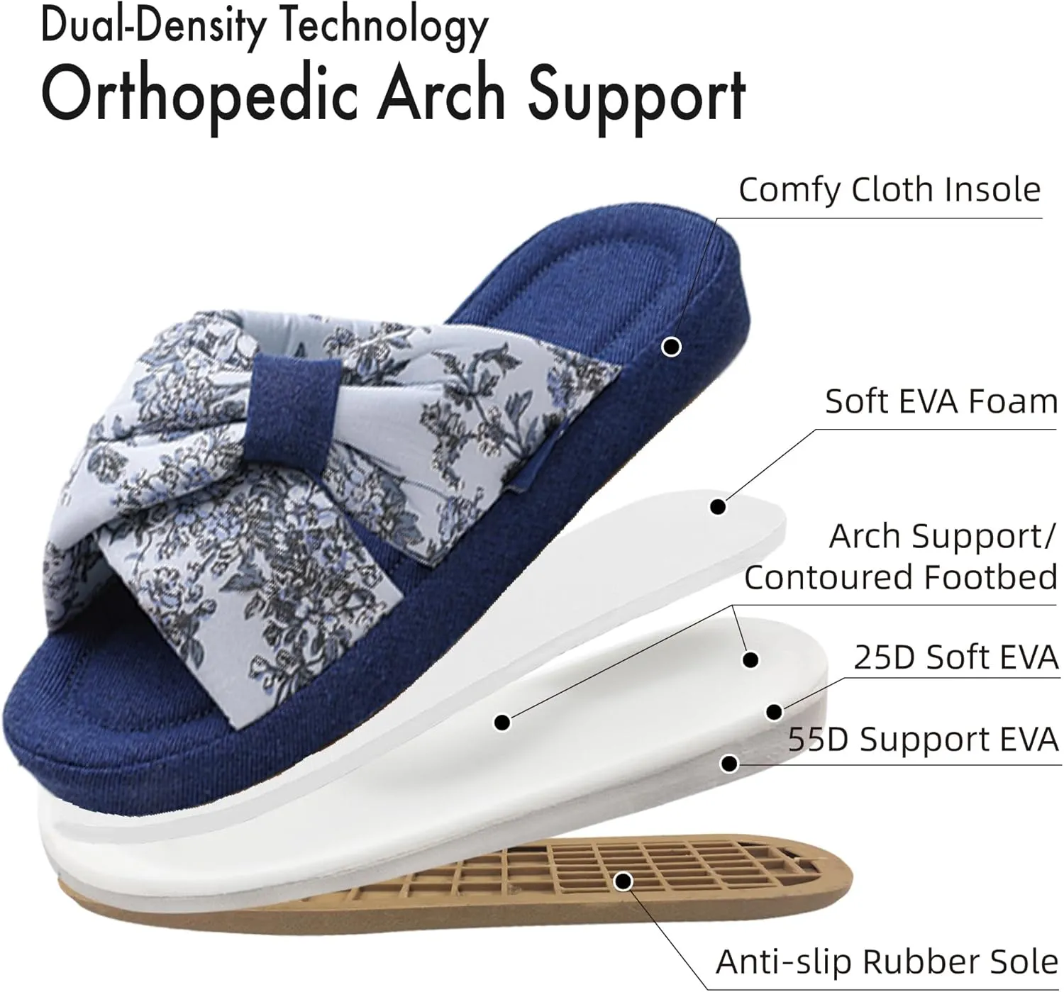 House Slippers for Women with Bow Comfy Indoor Open Toe Slides with Low Arch Support Rubber Sole for Summer