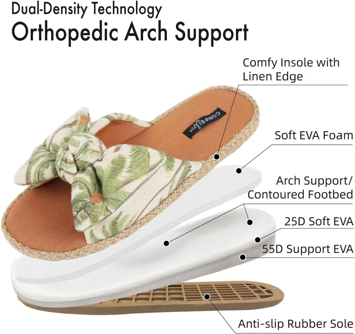 House Slippers for Women with Bow Comfy Indoor Open Toe Slides with Low Arch Support Rubber Sole for Summer