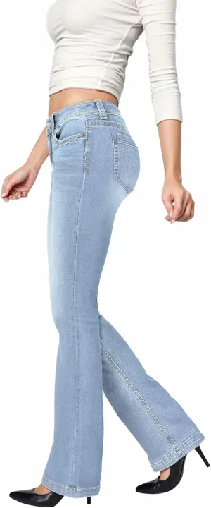 Hybrid & Company Women's Flare Mid Rise Jeans Trendy Stretchy Denim Pants with Pockets