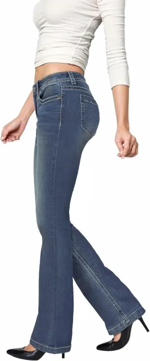 Hybrid & Company Women's Flare Mid Rise Jeans Trendy Stretchy Denim Pants with Pockets