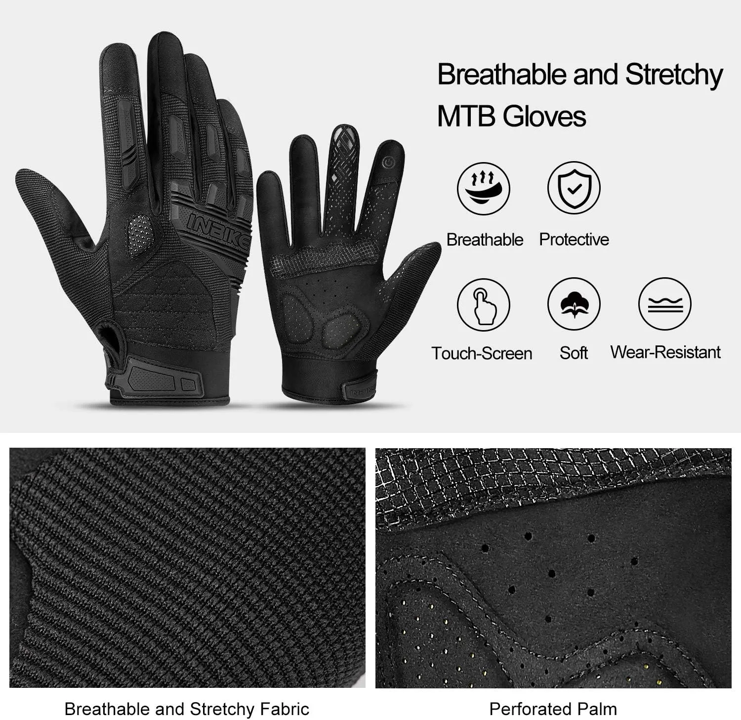 INBIKE MTB Mountain Bike Gloves Touchscreen with Thicken EVA Padded & TPR Knuckle Protection for BMX MX ATV Motorcycle