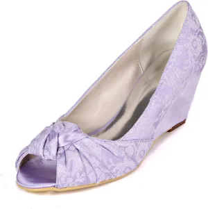 Ivory Wedding Shoes Wedge Heels Pleated Satin Peep Toe Court Shoes for Evening Wedding Party,Light Purple,10