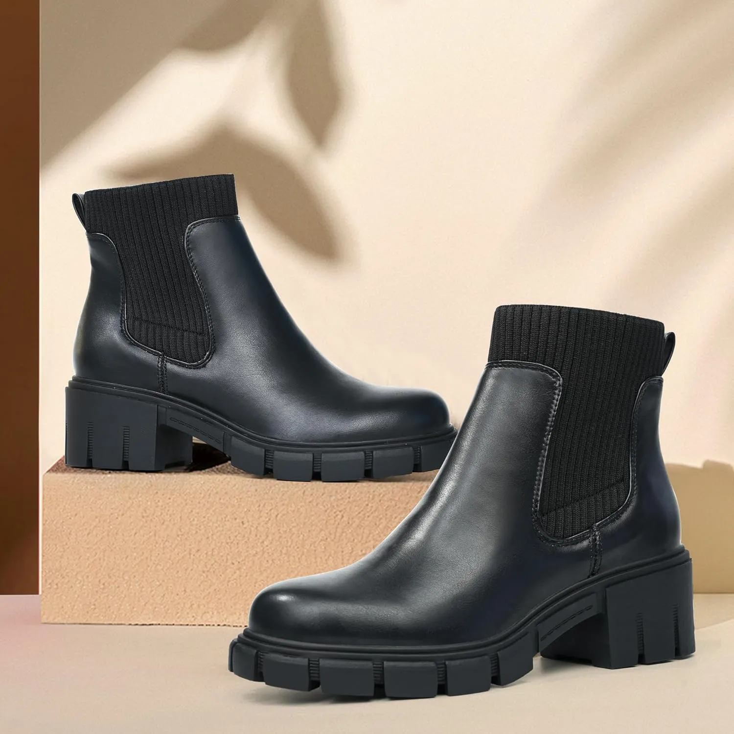 JABASIC Womens Chunky Ankle Boots Slip on Chelsea Boots Elastic Booties
