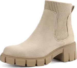 JABASIC Womens Chunky Ankle Boots Slip on Chelsea Boots Elastic Booties