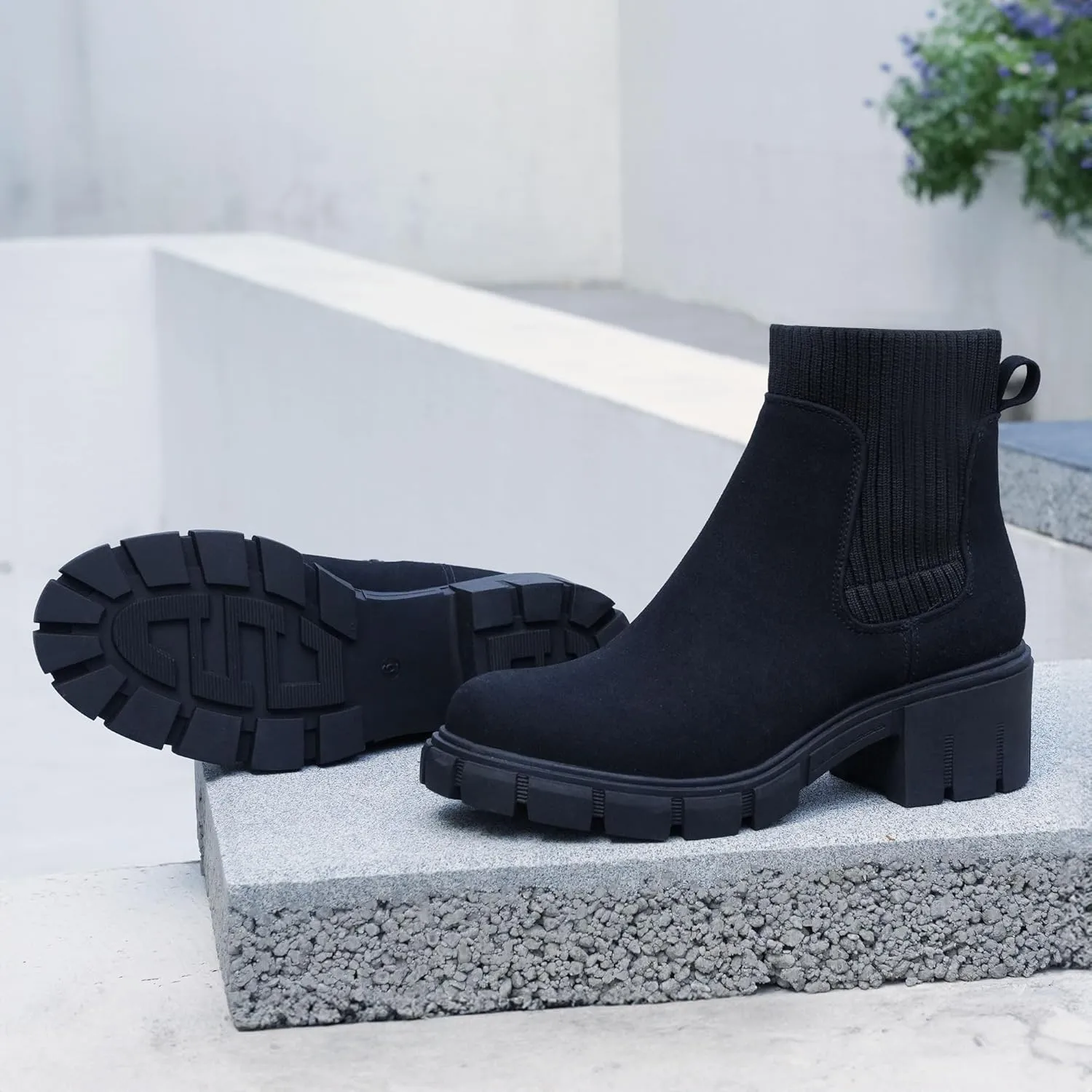 JABASIC Womens Chunky Ankle Boots Slip on Chelsea Boots Elastic Booties