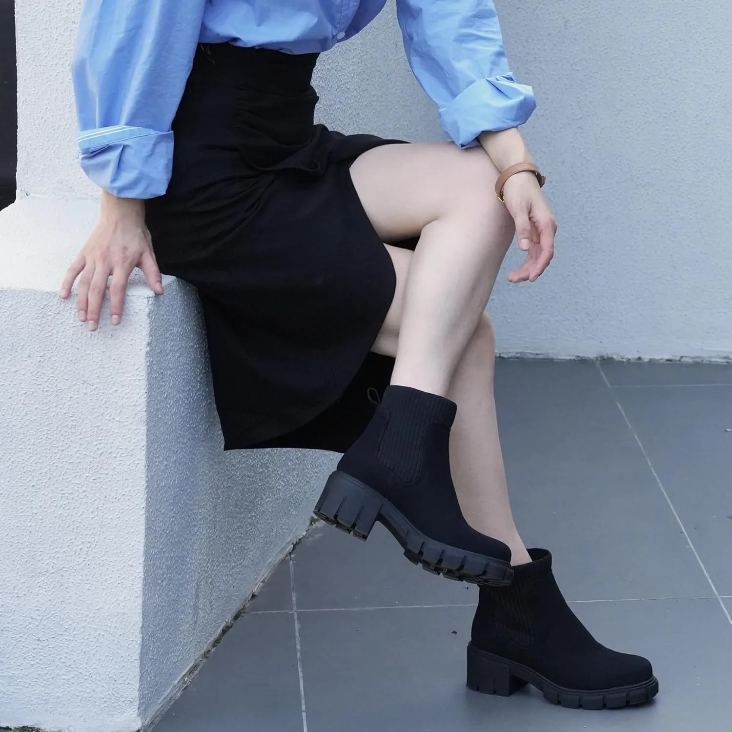 JABASIC Womens Chunky Ankle Boots Slip on Chelsea Boots Elastic Booties