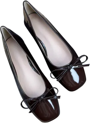 JiangWei Shu Women's Bow Knot Square Toe Ballet Flats Slip On Walking Wedding Soft Shoes