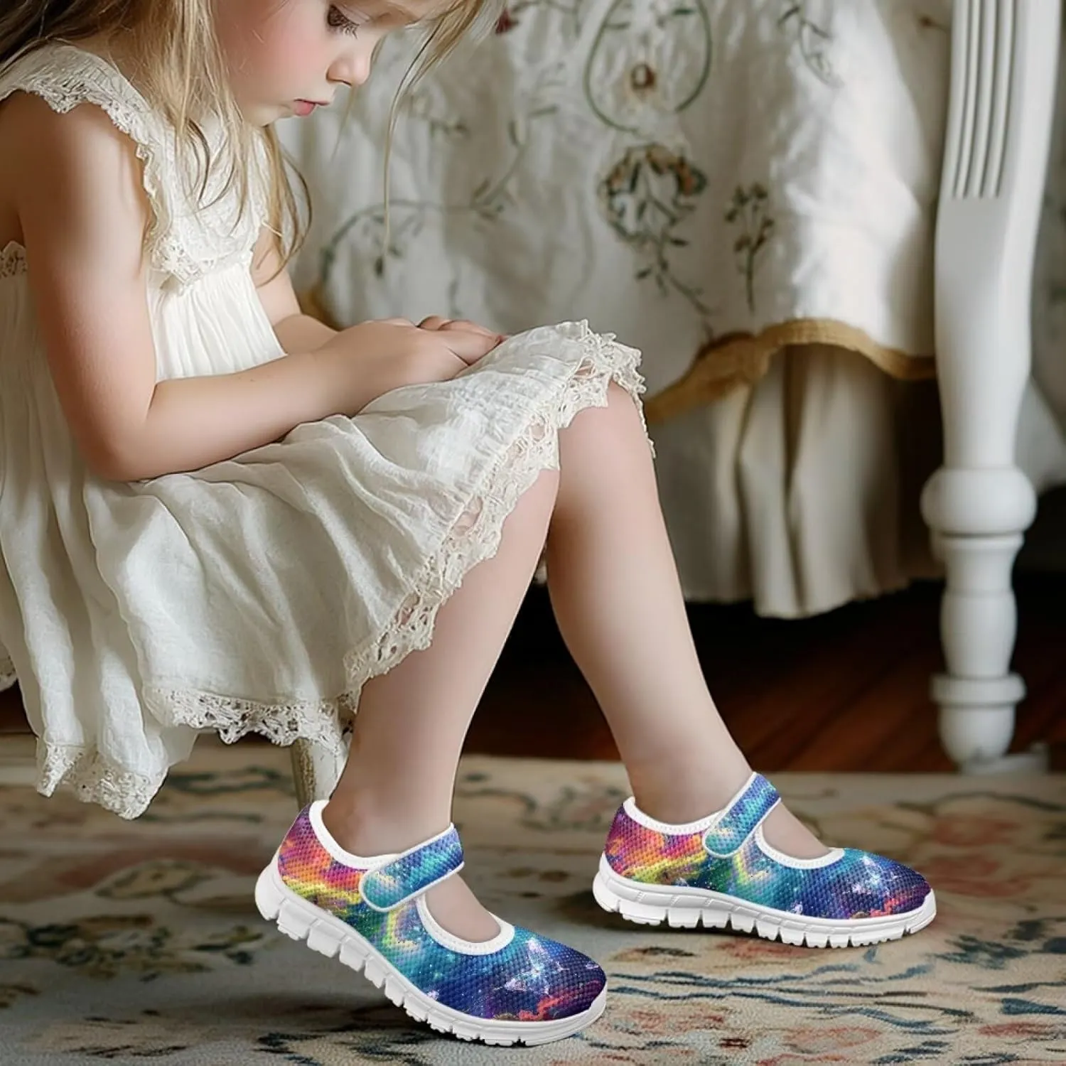JoyLamoria Colorful Tie Dye Print Toddler Girls Dress Shoes Slip on Mary Jane Shoes for Girls Fashion Ballet Shoes Soft Flats Sneakers