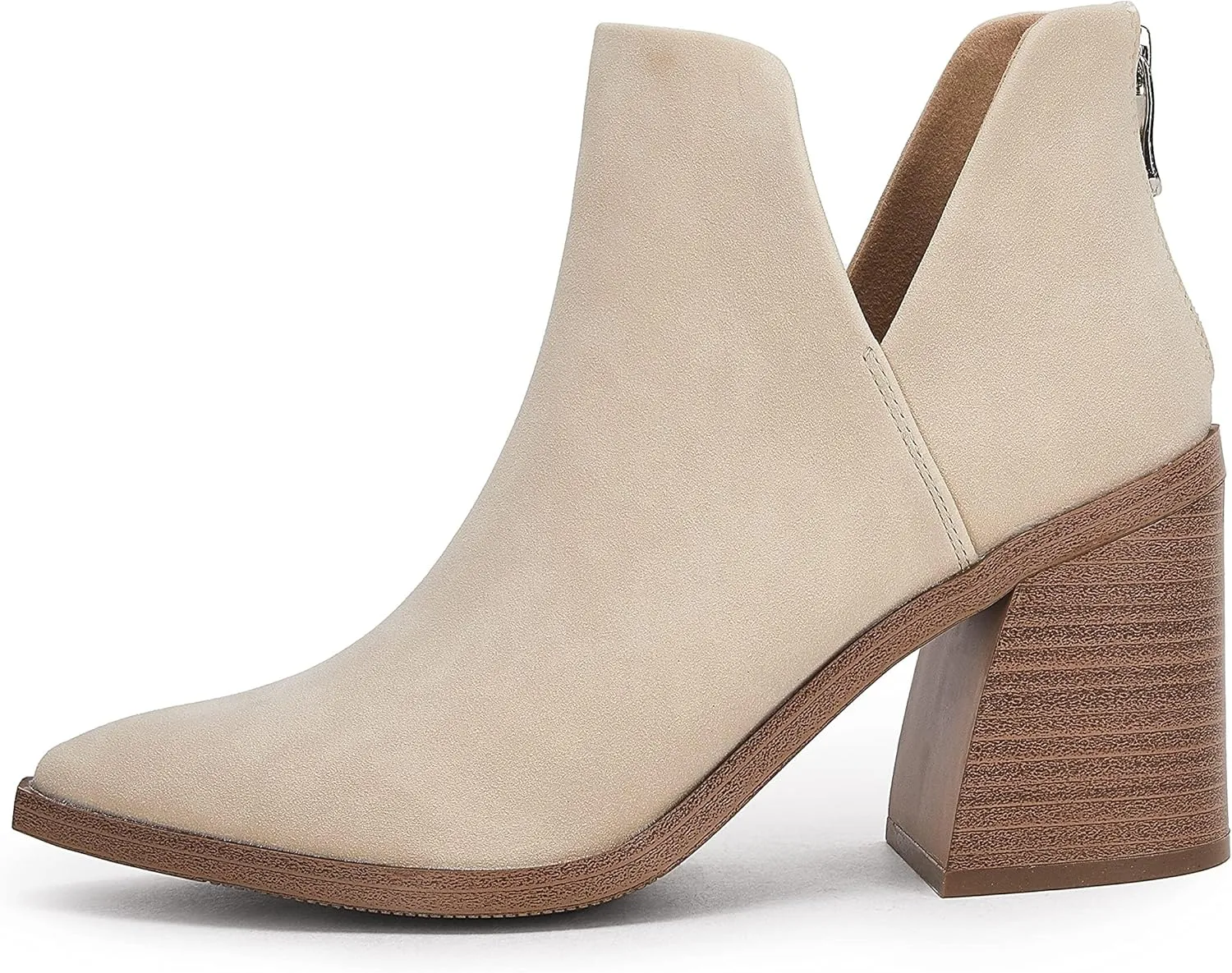 Kathemoi Womens Slip on Ankle Boots V Cutout Pointed Toe Chunky Stacked Mid Heel Booties