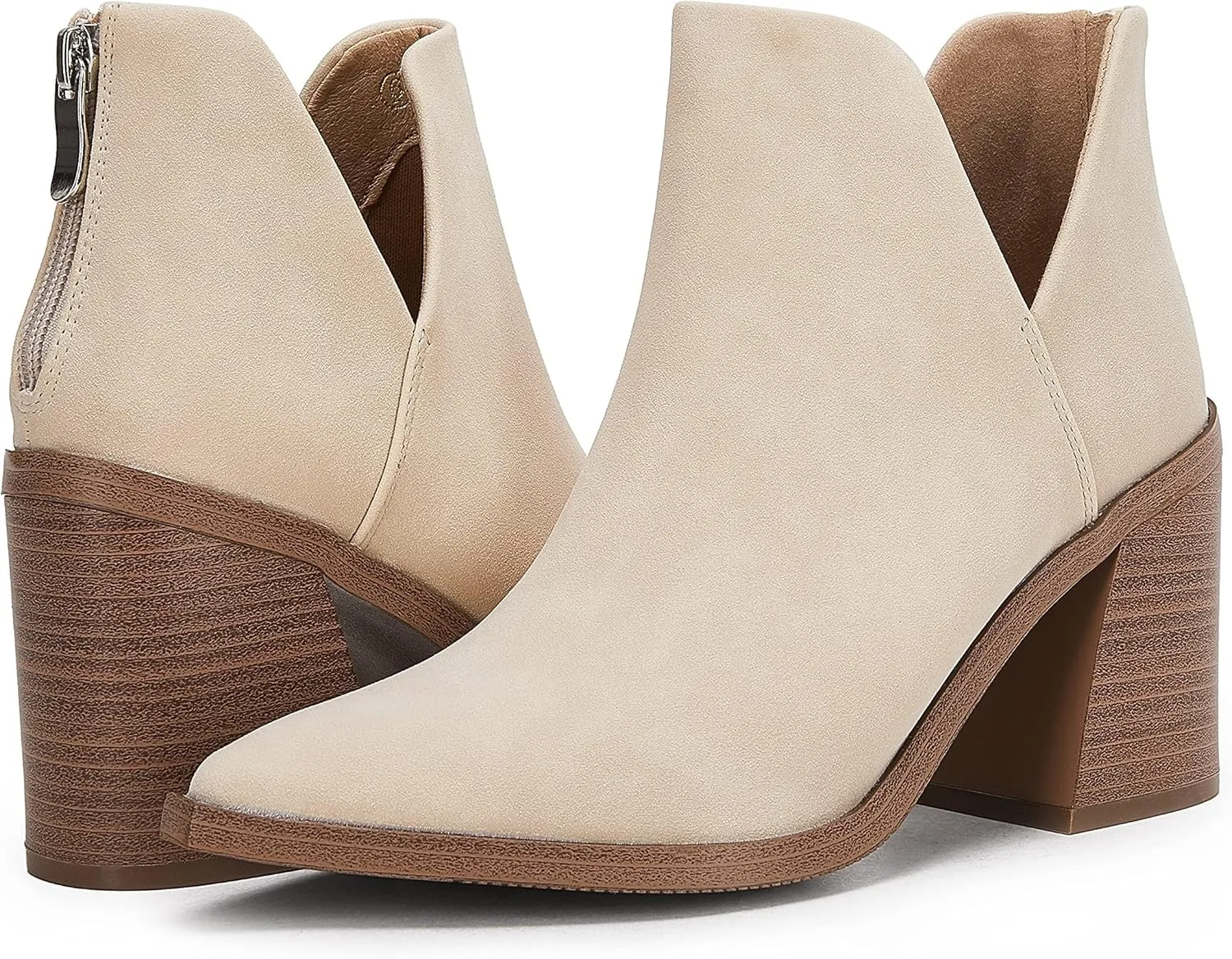 Kathemoi Womens Slip on Ankle Boots V Cutout Pointed Toe Chunky Stacked Mid Heel Booties