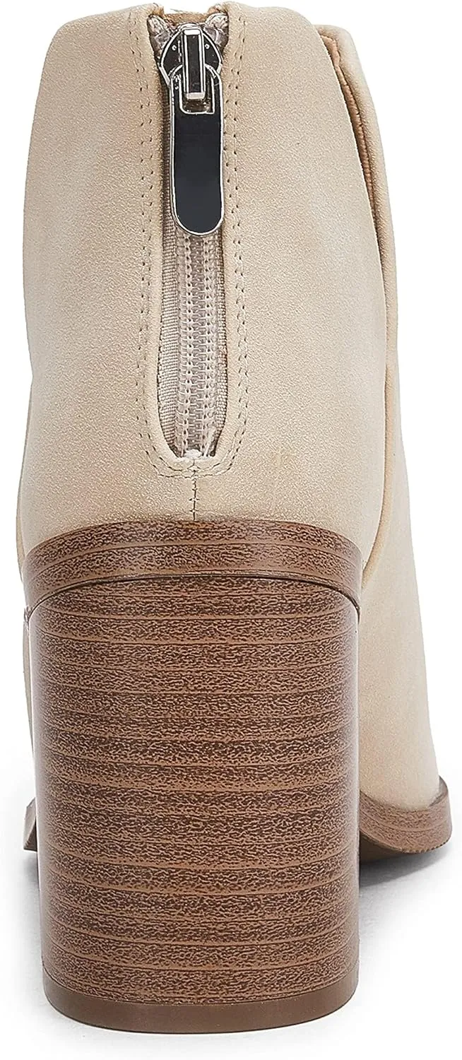 Kathemoi Womens Slip on Ankle Boots V Cutout Pointed Toe Chunky Stacked Mid Heel Booties