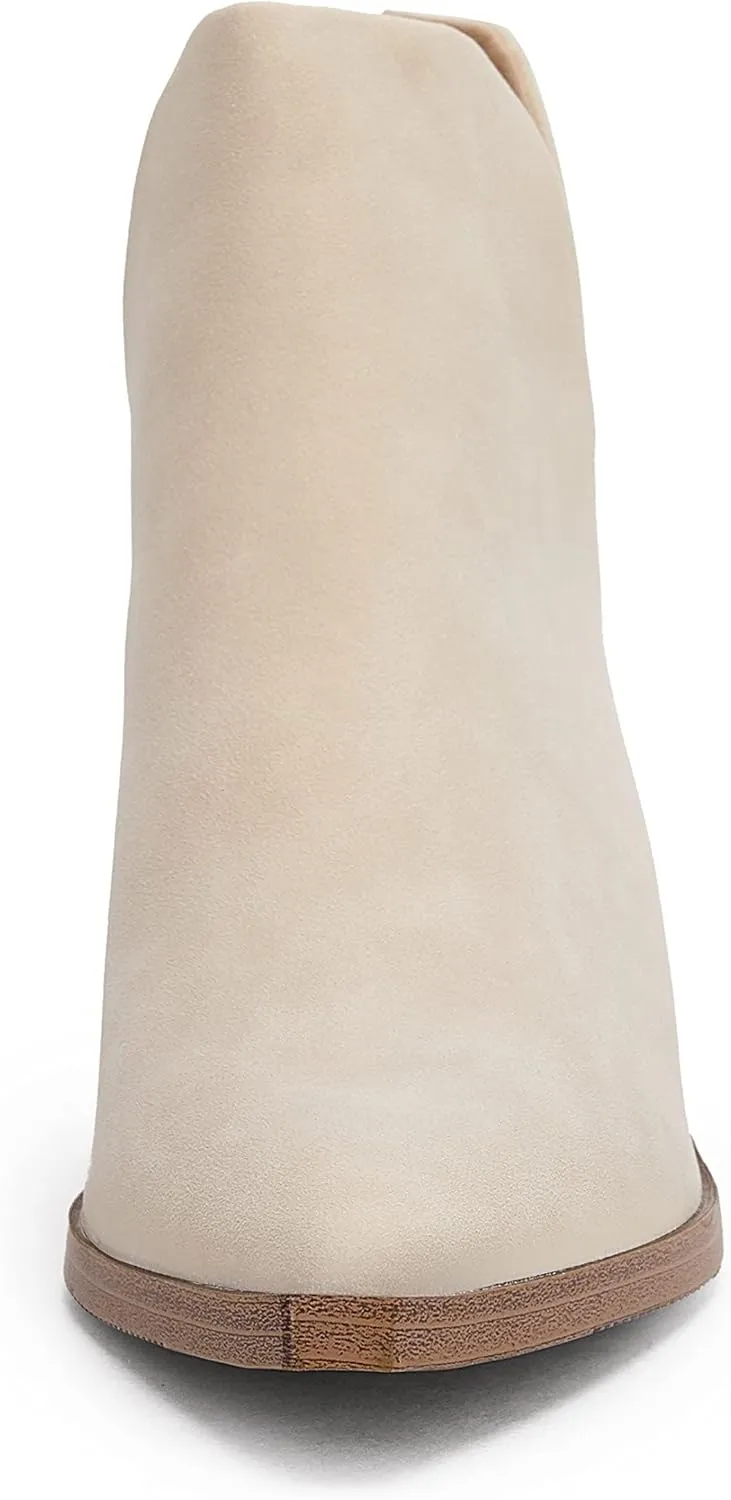 Kathemoi Womens Slip on Ankle Boots V Cutout Pointed Toe Chunky Stacked Mid Heel Booties