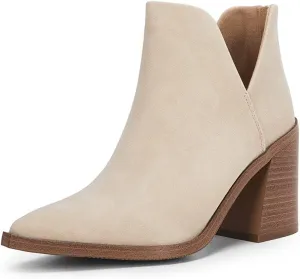 Kathemoi Womens Slip on Ankle Boots V Cutout Pointed Toe Chunky Stacked Mid Heel Booties