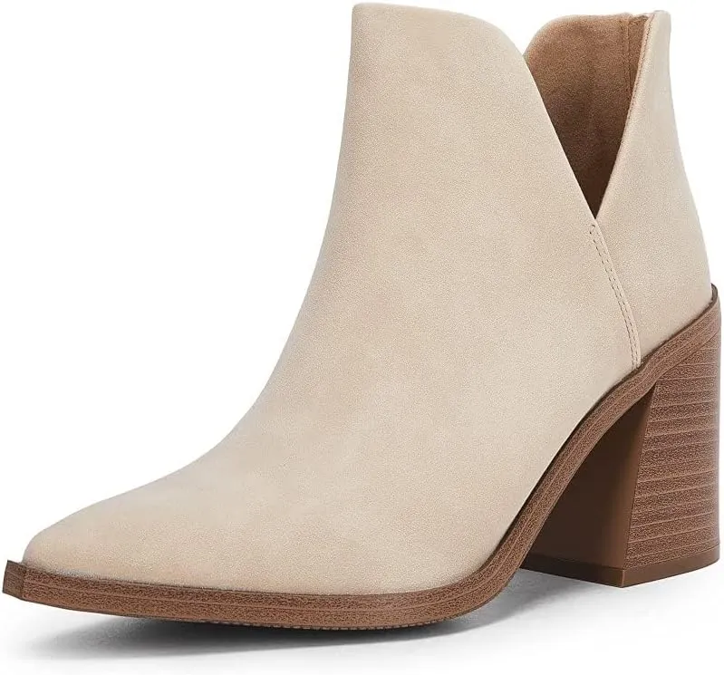 Kathemoi Womens Slip on Ankle Boots V Cutout Pointed Toe Chunky Stacked Mid Heel Booties