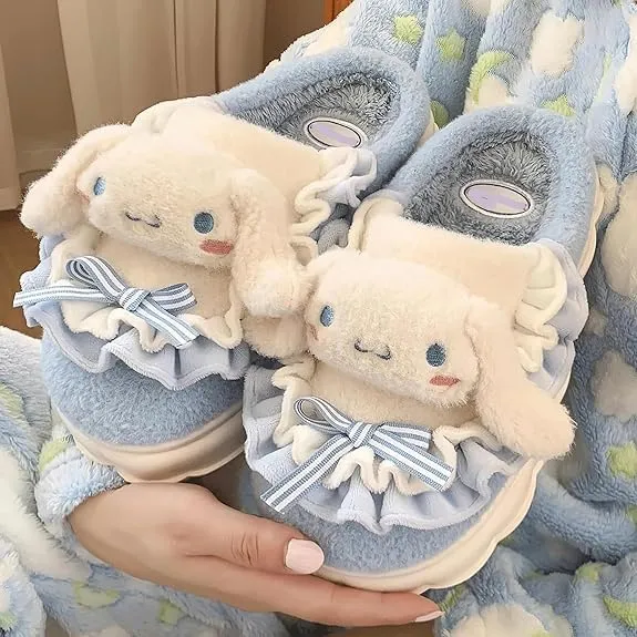 Kawaii Anime women cotton slippers Cute plush slippers silent and warm indoor home shoes