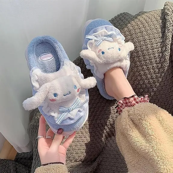 Kawaii Anime women cotton slippers Cute plush slippers silent and warm indoor home shoes