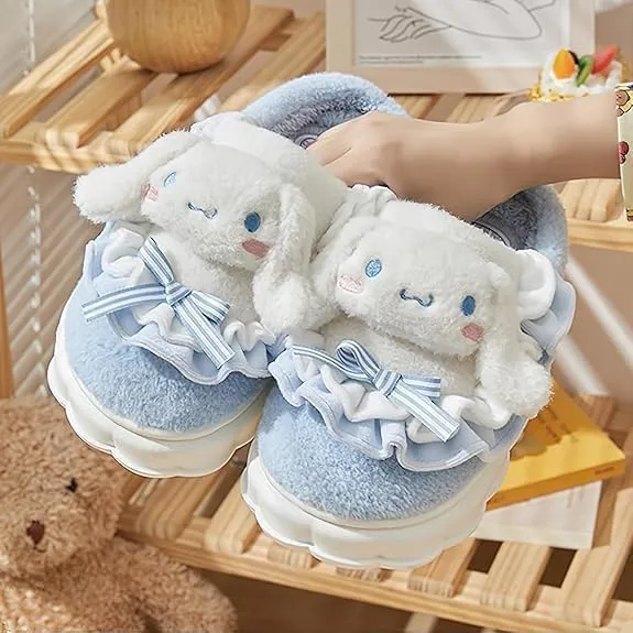 Kawaii Anime women cotton slippers Cute plush slippers silent and warm indoor home shoes