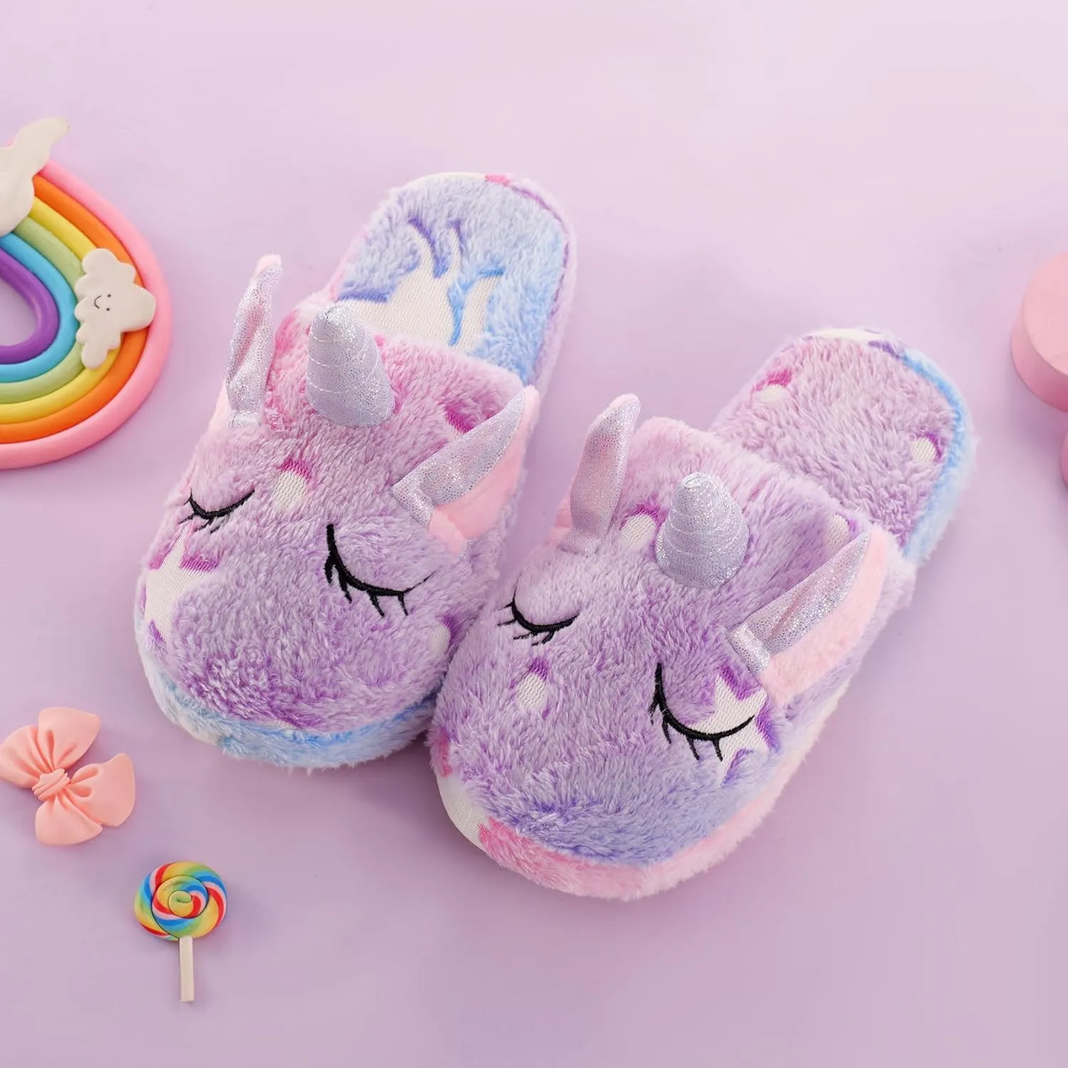 Kids Fuzzy Slippers for Girls Boys Unicorn Glow in the Dark Plush Fleece Warm Indoor Shoes