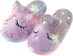 Kids Fuzzy Slippers for Girls Boys Unicorn Glow in the Dark Plush Fleece Warm Indoor Shoes