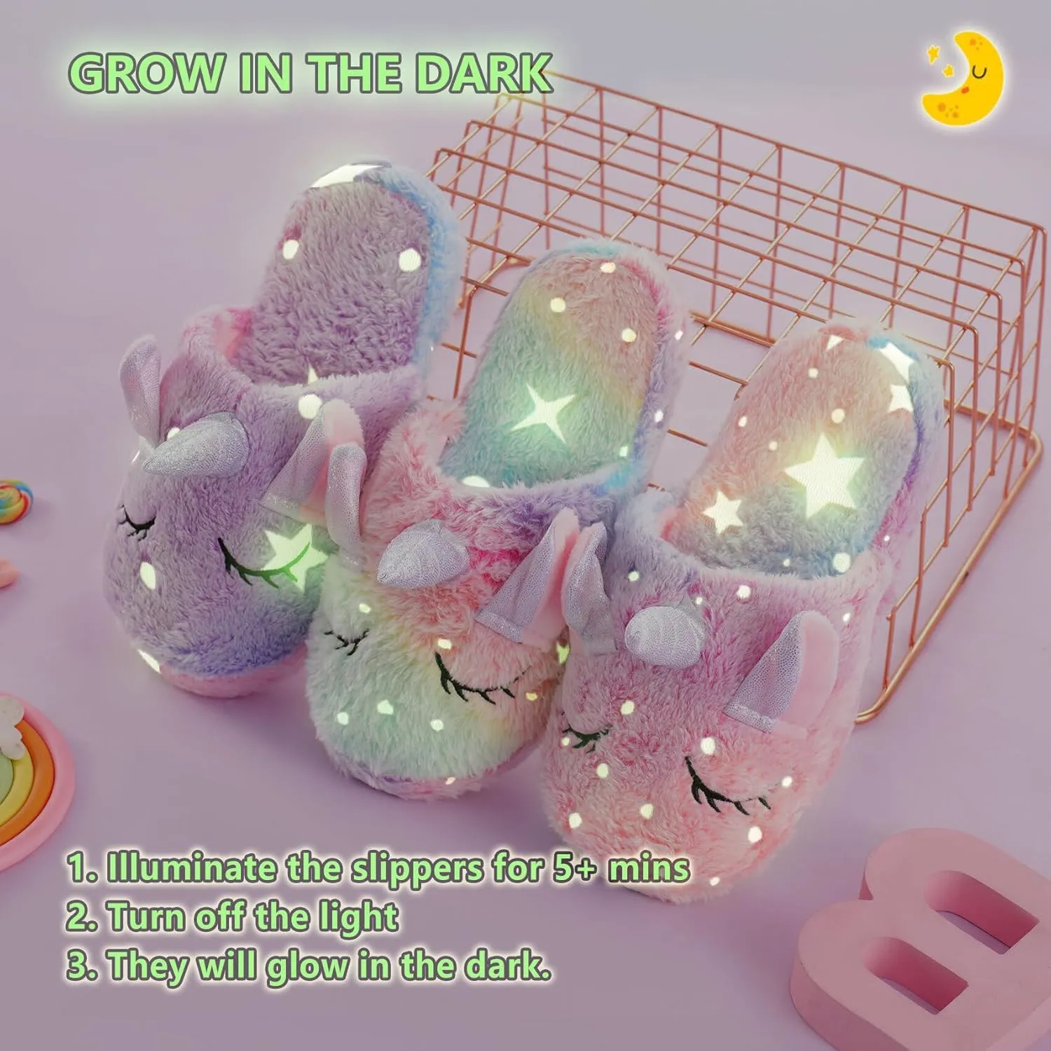 Kids Fuzzy Slippers for Girls Boys Unicorn Glow in the Dark Plush Fleece Warm Indoor Shoes