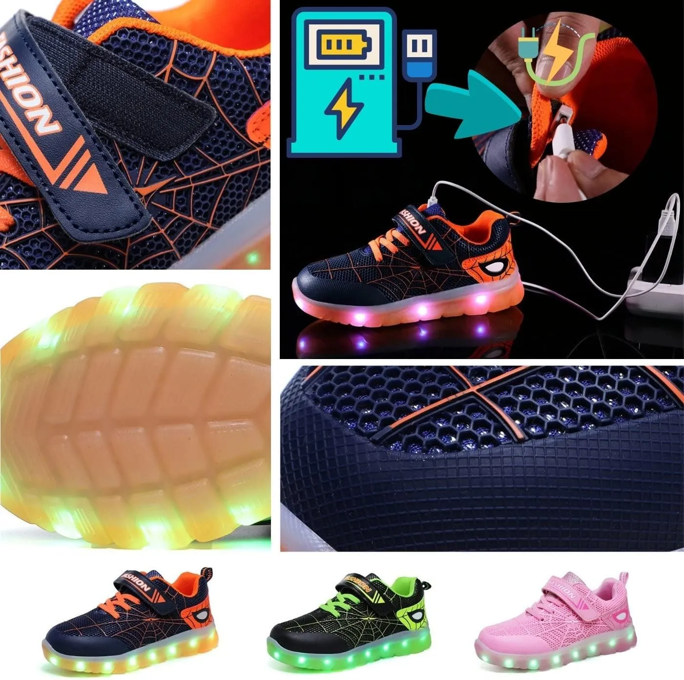 Kids Led Light Up Shoes Flash Sneakers with Spider Upper USB Charge Luminous Trainers for Boys Girls Toddles