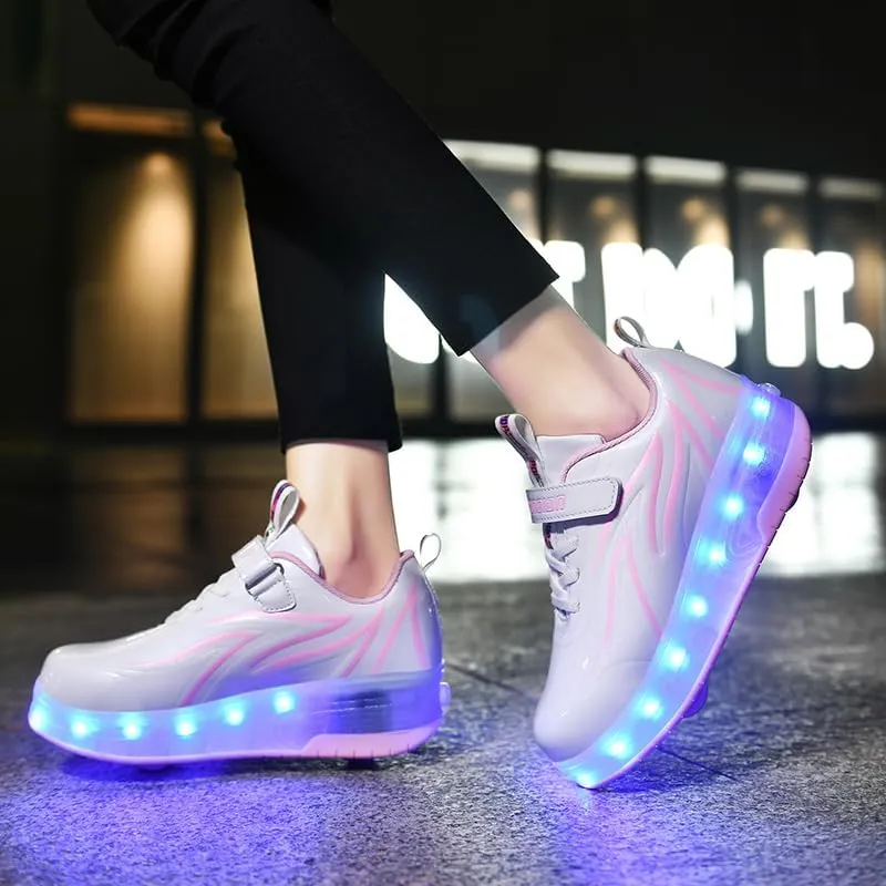 Kids Shoes with Double Wheels - Upgraded Kids Roller Shoes for Gifts, Retractable Wheels Skateboarding Shoes for Kids Sneakers Light Up Rechargeable for Birthday Party Gift