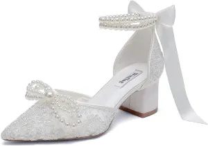 Lace Pearl Wedding Shoes for Bride Block Heel Bridal Shoes Closed Toe Wedding Heels