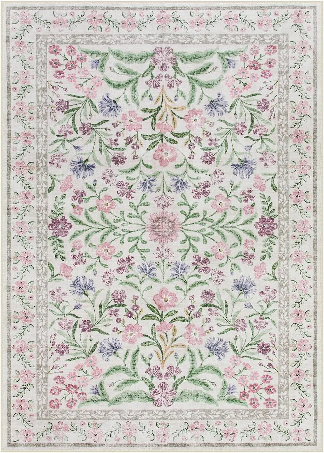 Lahome Boho Purple Floral 5x7 Area Rugs, Machine Washable Area Rugs for Living Room Bedroom, Soft Non-Slip Nursery Carpet for Kids Room Girls Playroom, Pale Lilac/Pink