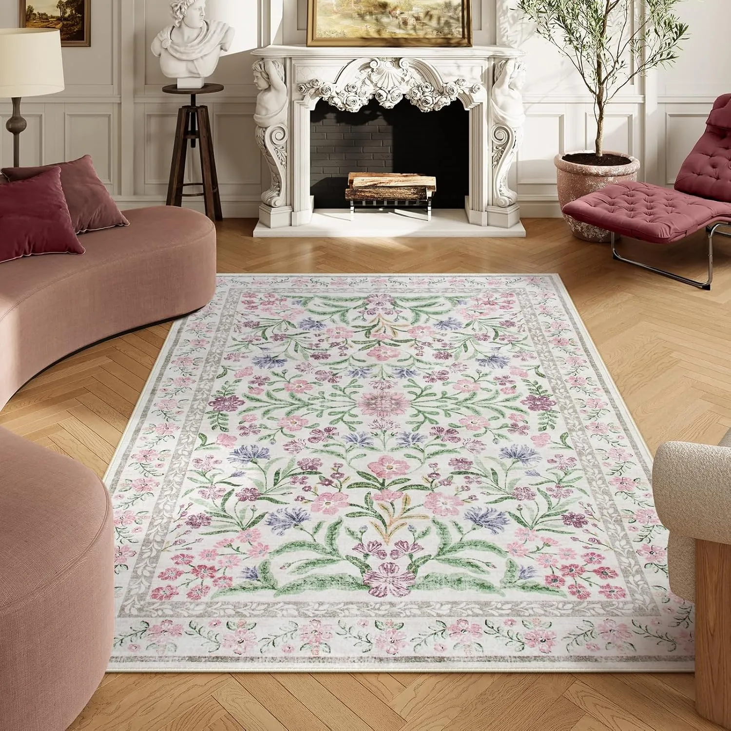 Lahome Boho Purple Floral 5x7 Area Rugs, Machine Washable Area Rugs for Living Room Bedroom, Soft Non-Slip Nursery Carpet for Kids Room Girls Playroom, Pale Lilac/Pink