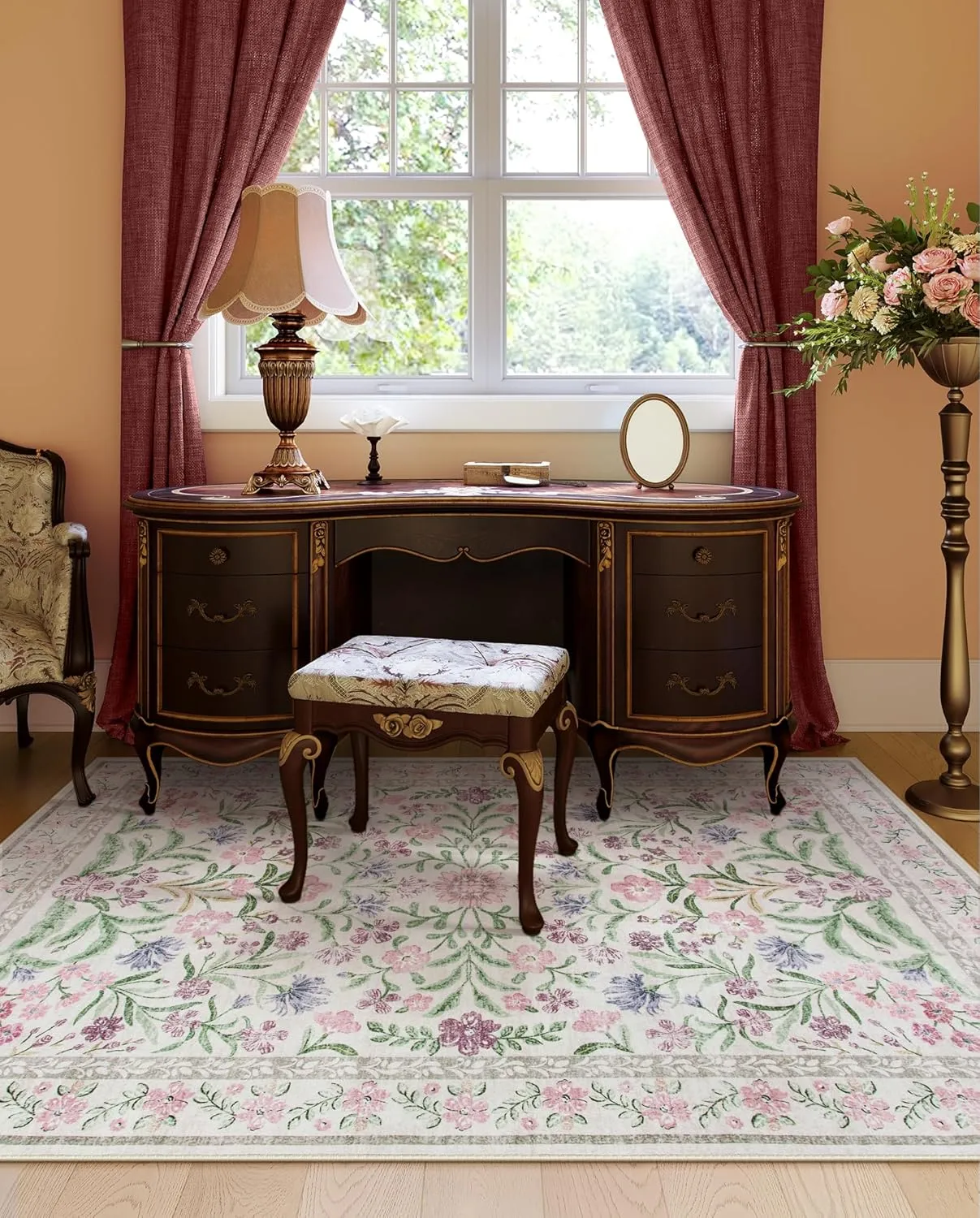 Lahome Boho Purple Floral 5x7 Area Rugs, Machine Washable Area Rugs for Living Room Bedroom, Soft Non-Slip Nursery Carpet for Kids Room Girls Playroom, Pale Lilac/Pink