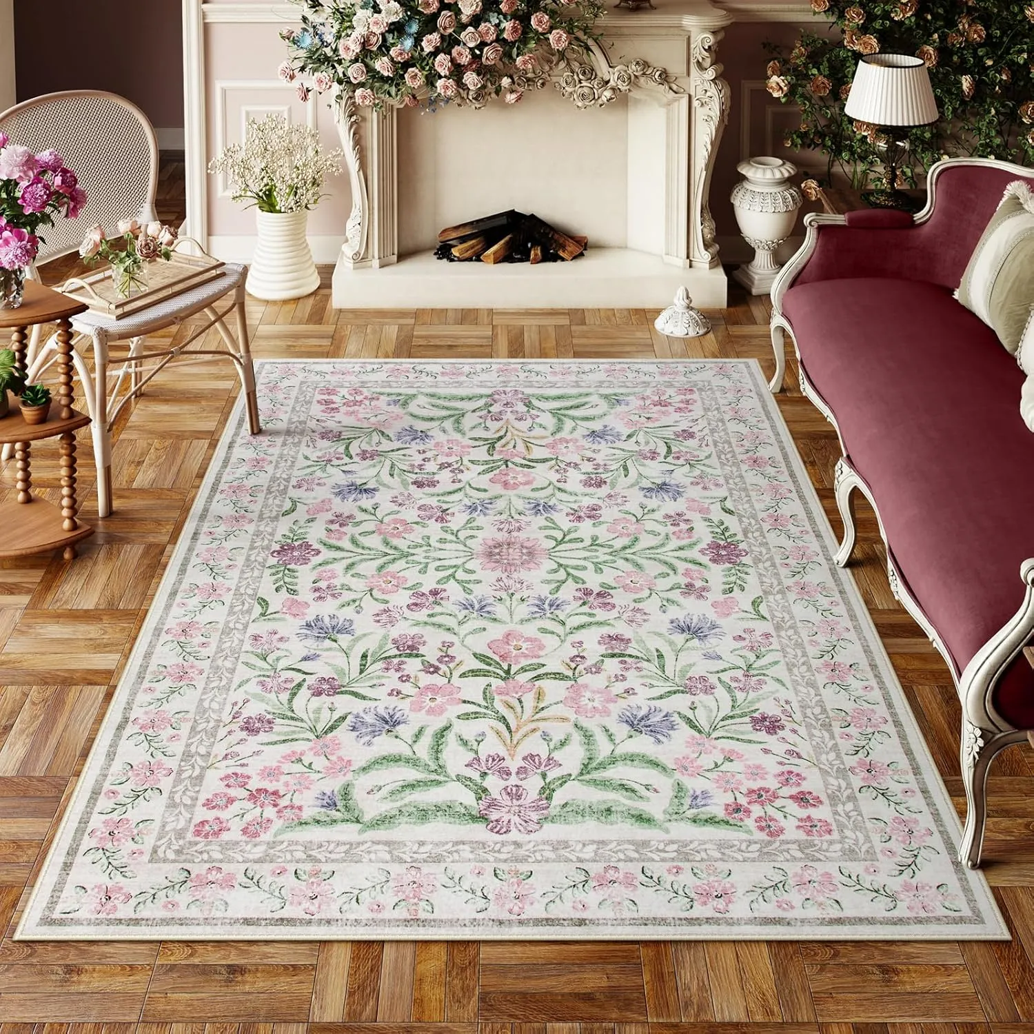 Lahome Boho Purple Floral 5x7 Area Rugs, Machine Washable Area Rugs for Living Room Bedroom, Soft Non-Slip Nursery Carpet for Kids Room Girls Playroom, Pale Lilac/Pink