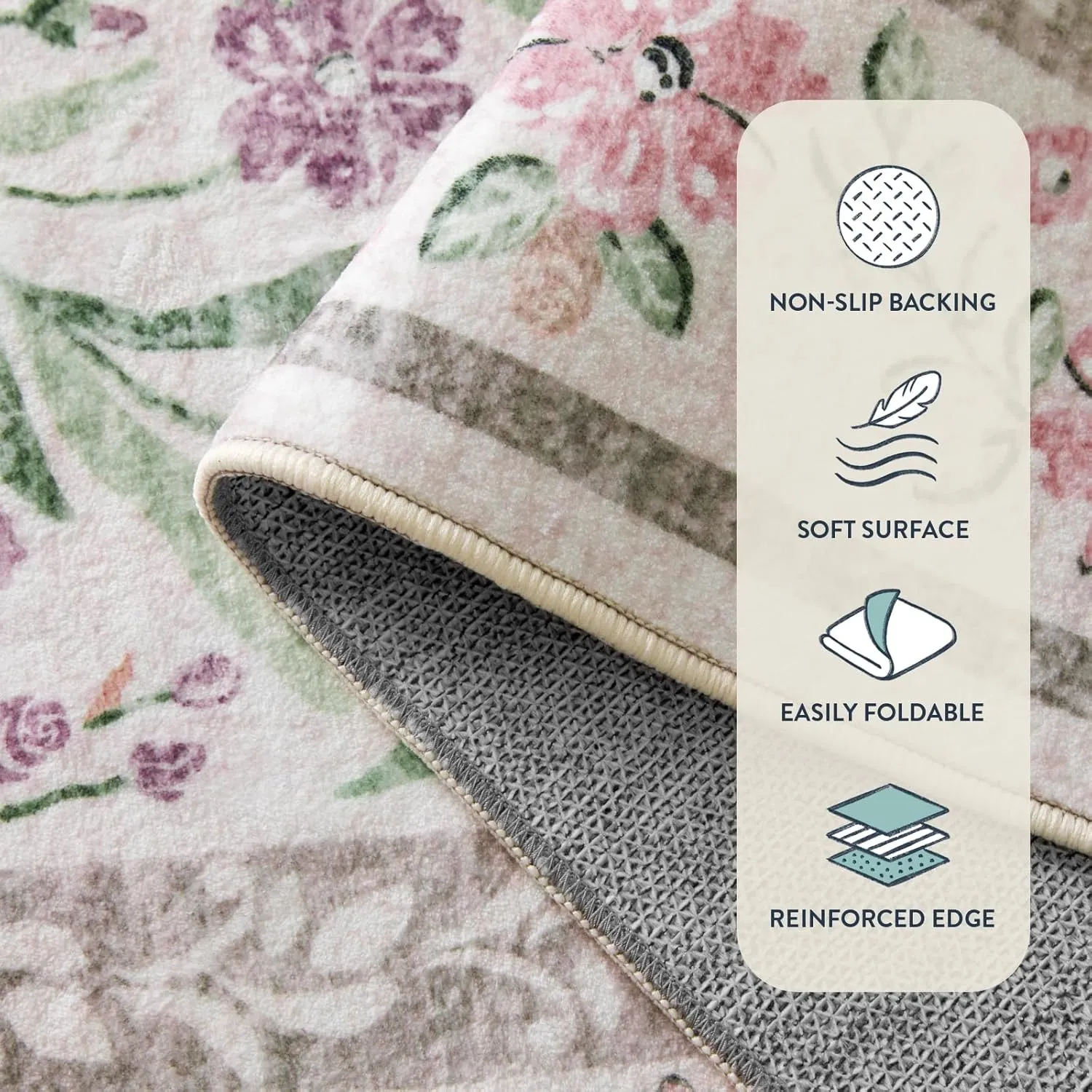 Lahome Boho Purple Floral 5x7 Area Rugs, Machine Washable Area Rugs for Living Room Bedroom, Soft Non-Slip Nursery Carpet for Kids Room Girls Playroom, Pale Lilac/Pink